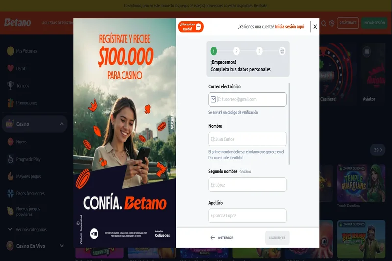 Registro casino Betano Mexico proceso